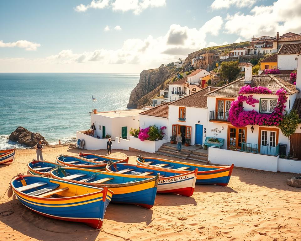 A picturesque scene of Ferragudo, Portugal, showcasing a charming coastal village nestled by the Algarve coastline. In the foreground, colorful fishing boats rest on the sandy shore, reflecting vibrant hues of blue, yellow, and red. The middle ground features quaint whitewashed houses adorned with bougainvillea, their windows framed with intricate tiles, and local residents dressed in modest casual attire engaging in daily activities. The background reveals the stunning cliffs and the vast Atlantic Ocean, shimmering under the golden sunlight. Capture the image during a clear day with soft clouds, emphasizing a warm, inviting atmosphere. Use a wide-angle lens to convey the beauty of the landscape, ensuring the focus is on the harmony between the sea, village, and sky, evoking a sense of peaceful exploration and adventure. A picturesque scene of Ferragudo, Portugal, showcasing a charming coastal village nestled by the Algarve coastline. In the foreground, colorful fishing boats rest on the sandy shore, reflecting vibrant hues of blue, yellow, and red. The middle ground features quaint whitewashed houses adorned with bougainvillea, their windows framed with intricate tiles, and local residents dressed in modest casual attire engaging in daily activities. The background reveals the stunning cliffs and the vast Atlantic Ocean, shimmering under the golden sunlight. Capture the image during a clear day with soft clouds, emphasizing a warm, inviting atmosphere. Use a wide-angle lens to convey the beauty of the landscape, ensuring the focus is on the harmony between the sea, village, and sky, evoking a sense of peaceful exploration and adventure.