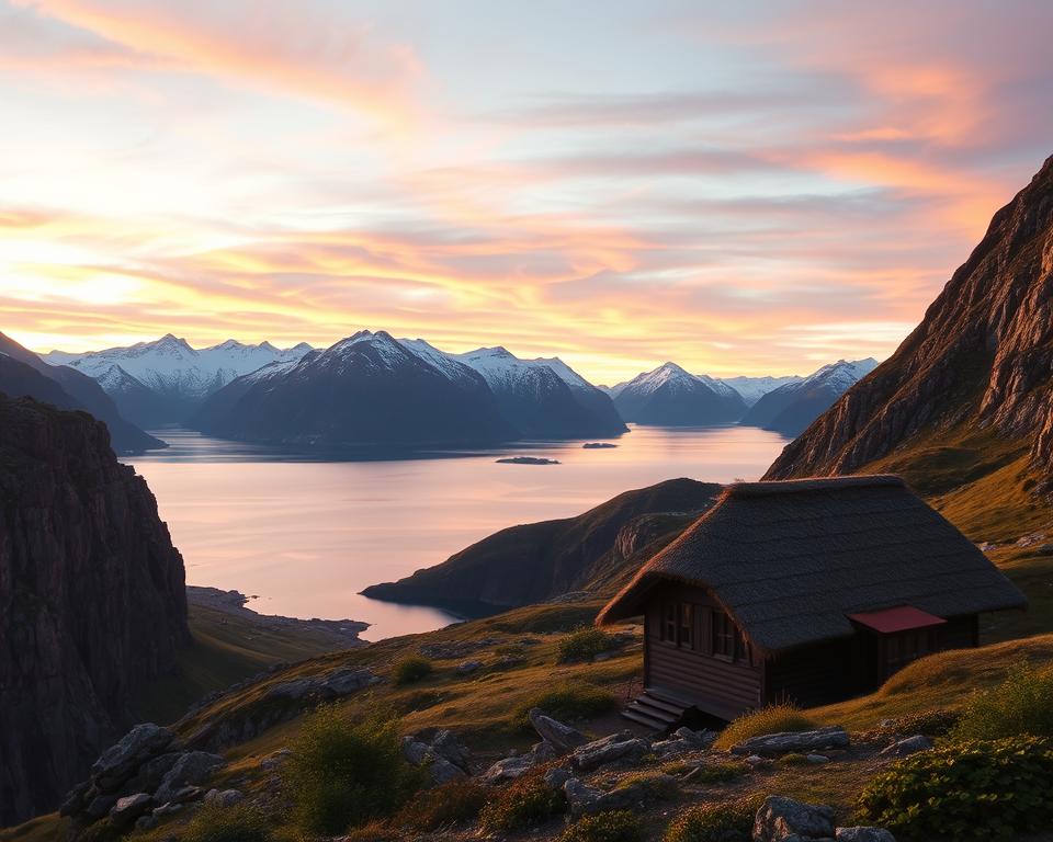 A picturesque scene of Lofoten accommodations, featuring a cozy cabin with a thatched roof nestled among rocky cliffs and lush greenery in the foreground. The middle ground displays a serene fjord, reflecting the vibrant hues of the sky at sunset, with soft oranges and purples blending together. In the background, majestic snow-capped mountains rise dramatically against the sky, creating a breathtaking backdrop. The lighting is warm and inviting, capturing the essence of golden hour, with soft shadows enhancing the textures of the landscape. The atmosphere is tranquil and idyllic, evoking a sense of peace and adventure that reflects the charm of seasonal stays in Lofoten. No human figures are present, ensuring a focus on the accommodations and stunning scenery.