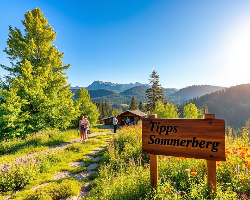A picturesque scene of Tipps Sommerberg in Bad Wildbad, featuring a tranquil hiking path surrounded by lush green trees and vibrant wildflowers in full bloom. In the foreground, a well-maintained wooden sign with the name "Tipps Sommerberg" is elegantly positioned, inviting visitors to explore the area. The middle ground showcases families and friends enjoying leisurely activities like hiking and nature walks, all dressed in modest casual clothing, embodying a spirit of adventure and relaxation. In the background, the stunning Black Forest mountains rise gently under a clear blue sky, with golden sunlight filtering through the trees, creating a warm and inviting atmosphere. The image captures the essence of summer, evoking feelings of joy and exploration in a natural paradise.