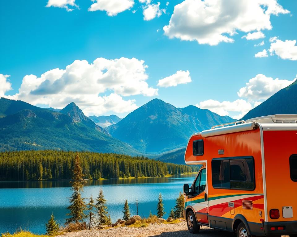 A picturesque scene of a camper van parked beside a tranquil lake in the stunning Canadian wilderness. In the foreground, the camper is a modern, vibrant vehicle with large windows, parked on a scenic vantage point. The middle ground features lush green trees and rugged mountains, reflecting softly on the water's surface. In the background, a clear blue sky dotted with fluffy white clouds creates a serene atmosphere. The lighting is warm and inviting, suggesting either early morning or late afternoon sunlight, enhancing the vibrant colors of nature. This idyllic setting evokes a sense of adventure and exploration, ideal for showcasing camper rentals in Canada. No people are depicted in the scene, focusing solely on the beauty of the landscape. A picturesque scene of a camper van parked beside a tranquil lake in the stunning Canadian wilderness. In the foreground, the camper is a modern, vibrant vehicle with large windows, parked on a scenic vantage point. The middle ground features lush green trees and rugged mountains, reflecting softly on the water's surface. In the background, a clear blue sky dotted with fluffy white clouds creates a serene atmosphere. The lighting is warm and inviting, suggesting either early morning or late afternoon sunlight, enhancing the vibrant colors of nature. This idyllic setting evokes a sense of adventure and exploration, ideal for showcasing camper rentals in Canada. No people are depicted in the scene, focusing solely on the beauty of the landscape.