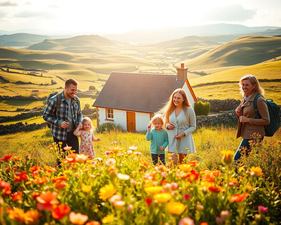A picturesque scene of a family exploring the lush, green landscapes of Ireland, capturing the essence of a family-friendly vacation. In the foreground, a family of four is joyfully interacting; parents and two children, all dressed in casual, modest clothing. The middle ground features a classic Irish cottage, surrounded by vibrant wildflowers, symbolizing warmth and hospitality. In the background, rolling hills and distant mountains are bathed in soft, golden sunlight that highlights the rich greens of the landscape. The atmosphere is cheerful and inviting, evoking a sense of adventure and togetherness. The entire scene is captured with a wide-angle lens, providing a sense of expansive beauty and warmth, emphasizing family bonding in nature. There are no text overlays or watermarks, focusing purely on the idyllic family experience in Ireland.