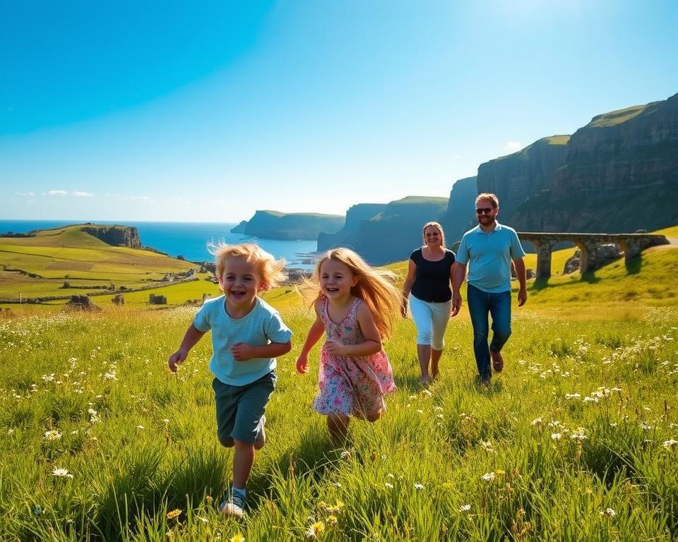A picturesque scene of a family exploring the lush landscapes of Ireland. In the foreground, two cheerful children playfully running through a field of vibrant green grass dotted with wildflowers, their laughter palpable. The middle ground features their parents smiling, dressed in modest casual clothing, as they admire the breathtaking view of rolling hills and ancient stone ruins under a clear blue sky. In the background, majestic cliffs rise dramatically along the coastline, the sunlight casting a warm golden hue across the landscape. The atmosphere is joyful and adventurous, capturing the essence of a family-friendly vacation in Ireland. The lighting is soft and natural, emphasizing the peaceful yet invigorating mood of an Irish summer day.