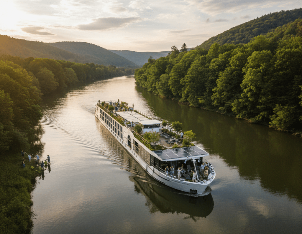 A picturesque scene of a sustainable river cruiseboat from Arosa gliding through a serene European river, surrounded by lush green forests and rolling hills. In the foreground, a beautifully designed ship featuring eco-friendly elements such as solar panels and greenery on deck, showcasing its commitment to sustainability. The middle ground reveals passengers, dressed in modest casual clothing, enjoying the view and engaging in conservation activities, embodying the spirit of environmental awareness. In the background, soft sunlight filters through the trees, casting dappled light on the river waters, enhancing the tranquil atmosphere. Shot with a wide angle lens to capture the expansiveness of the landscape, the mood is peaceful yet inspiring, highlighting the harmony between luxury travel and nature conservation.