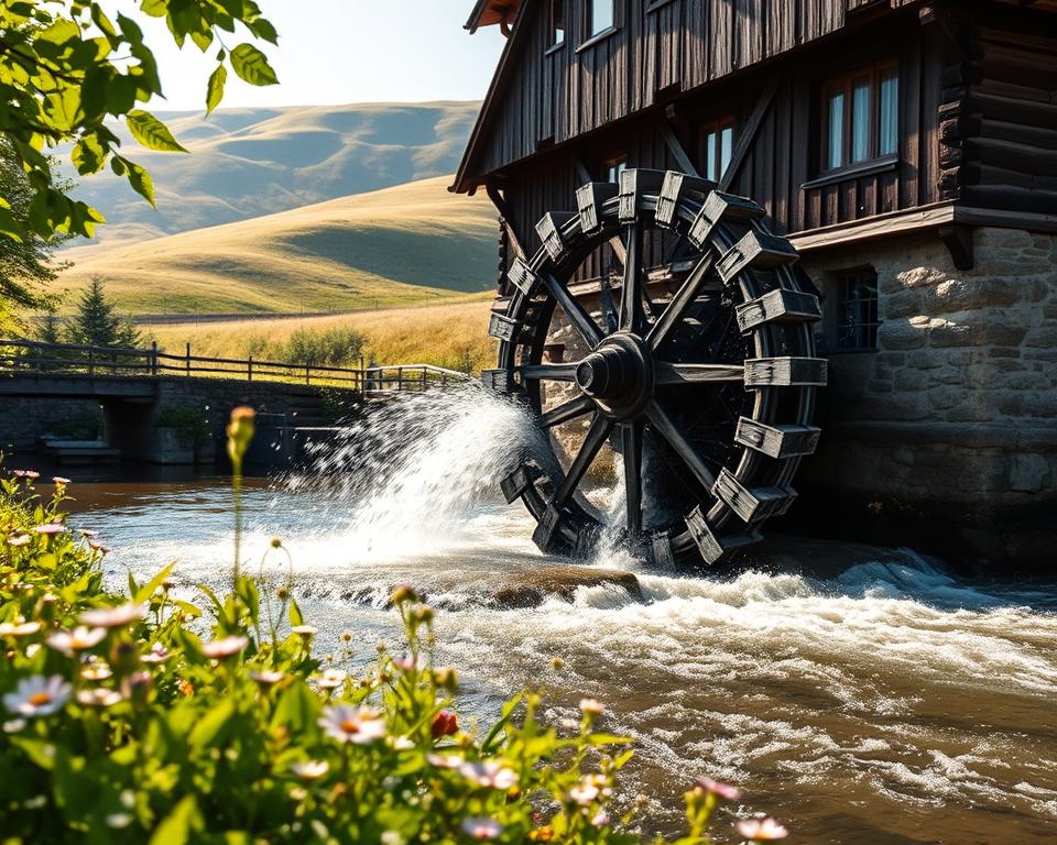 A picturesque scene of a traditional watermill (Wassermühle), showcasing its intricate waterwheel in motion, harnessing the power of a gently flowing river. In the foreground, vibrant green foliage and wildflowers frame the base of the mill, reflecting the lushness of nature. The middle ground features the elegant wooden structure of the watermill, with its rustic charm and aged wood textures, while the waterwheel splashes energetically, illustrating nature's force. In the background, soft rolling hills are bathed in warm golden sunlight, creating a serene atmosphere. The scene is captured with a wide-angle lens, showcasing the dynamic movement of the water and evoking a sense of harmony between human craftsmanship and nature's energy. Emphasize bright, natural lighting to enhance the vivid colors and textures, creating an inviting and peaceful mood.