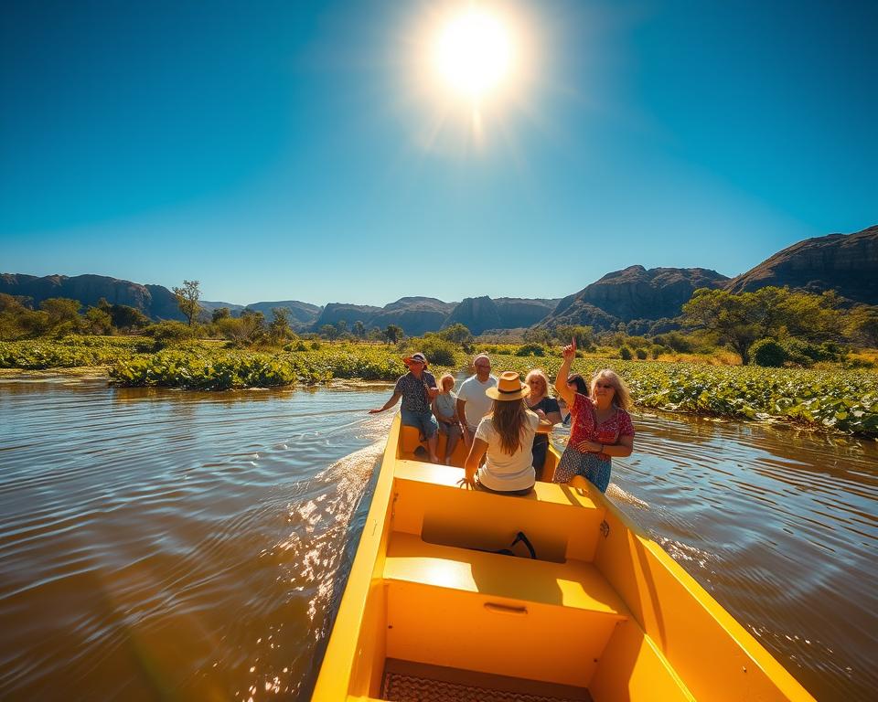 A picturesque scene of a yellow water billabong boot tour in Kakadu National Park, Australia. In the foreground, a vibrant yellow boat glides smoothly over the shimmering water, reflecting the bright blue skies above. A diverse group of tourists, dressed in casual, modest clothing, happily explore the unique ecosystem, pointing at wildlife. In the middle ground, lush green vegetation lining the billabong, with iconic Australian flora such as paperbark trees and water lilies. The background displays dramatic escarpments under the golden light of a late afternoon sun, creating a warm and inviting atmosphere. Soft ripples on the water add movement to the tranquil setting, captured with a wide-angle lens for an expansive view. The overall mood is adventurous yet serene, embodying the spirit of exploration in this natural wonder.