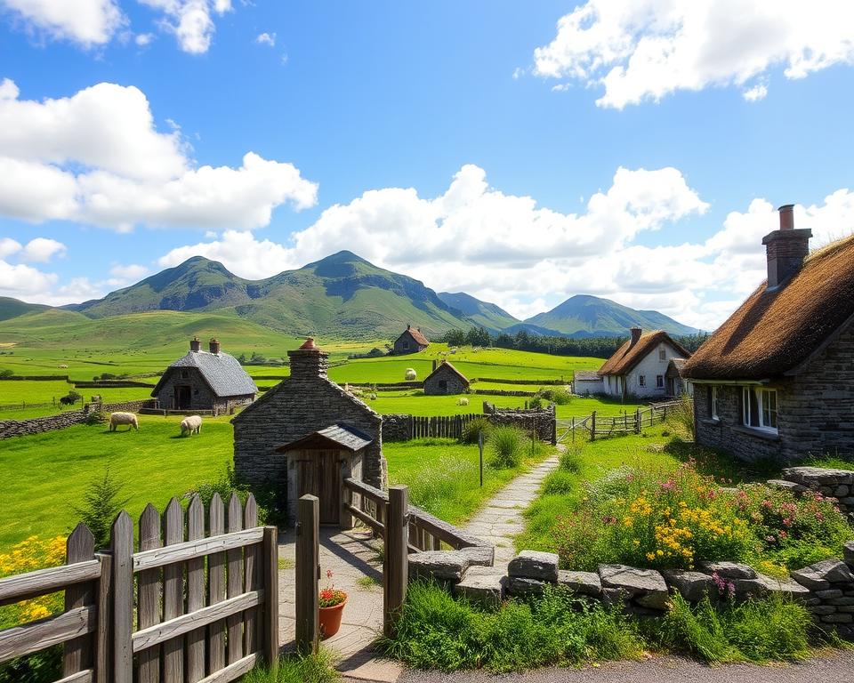 A picturesque scene of cozy accommodations in Ireland, featuring a charming stone cottage surrounded by lush green hills and vibrant wildflowers. In the foreground, a weathered wooden fence leads to the inviting entrance of the cottage, adorned with flower pots. The middle ground showcases several additional cottages with thatched roofs, nestled among rolling fields dotted with grazing sheep. In the background, majestic mountains rise under a bright blue sky with fluffy white clouds. The sunlight casts a warm glow on the landscape, creating a welcoming atmosphere. Captured from a slightly elevated angle, this scene evokes a sense of tranquility and adventure, perfect for travelers planning their journey through the scenic Irish countryside. A picturesque scene of cozy accommodations in Ireland, featuring a charming stone cottage surrounded by lush green hills and vibrant wildflowers. In the foreground, a weathered wooden fence leads to the inviting entrance of the cottage, adorned with flower pots. The middle ground showcases several additional cottages with thatched roofs, nestled among rolling fields dotted with grazing sheep. In the background, majestic mountains rise under a bright blue sky with fluffy white clouds. The sunlight casts a warm glow on the landscape, creating a welcoming atmosphere. Captured from a slightly elevated angle, this scene evokes a sense of tranquility and adventure, perfect for travelers planning their journey through the scenic Irish countryside.