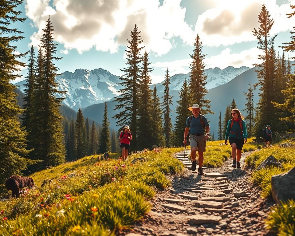 A picturesque scene of hiking in Revelstoke National Park, featuring a well-maintained trail winding through lush green forests. In the foreground, a group of hikers clad in modest outdoor apparel, actively engaging with nature, is captured mid-step on a rocky path. The middle ground reveals vibrant wildflowers blooming alongside the trail, adding bursts of color, while towering pine trees rise majestically on either side. In the background, majestic snow-capped mountains bask in soft golden sunlight, with a bright blue sky dotted with fluffy white clouds. The atmosphere conveys a sense of adventure and tranquility, inviting viewers to explore the beauty of the Canadian wilderness. The image is enhanced by warm, natural lighting, with a slight depth of field focusing on the hikers while gently blurring the distant scenery for added depth.