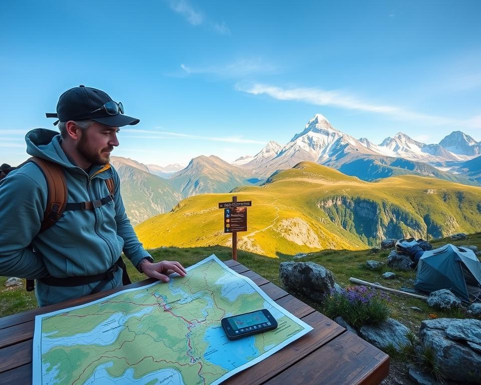 A picturesque scene of navigating the Tour du Mont Blanc, depicting an expansive alpine landscape. In the foreground, an explorer in modest hiking attire studies a detailed topographic map on a wooden table, with a smartphone displaying a navigation app. The middle ground features a winding hiking trail marked with vibrant trail signs and colorful markers, guiding through lush green valleys and rocky outcrops, flanked by wildflowers. The majestic peaks of Mont Blanc rise in the background under a clear blue sky, illuminated by soft, golden sunlight. The overall mood is adventurous and inspiring, encouraging exploration and connection with nature, captured with a wide-angle lens to emphasize the grandeur of the mountains and the details of navigation.