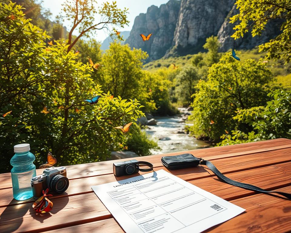 A picturesque scene of the Butterfly Valley in Rhodes, showcasing vibrant green foliage filled with fluttering butterflies of various colors, such as orange, blue, and yellow. In the foreground, a neatly organized travel checklist lies on a wooden picnic table, featuring items like a water bottle, camera, sunscreen, and hiking gear. The middle ground captures the serene stream flowing through the valley, with sunlight filtering through the treetops, casting dappled light on the ground. In the background, rugged cliffs tower over the lush valley, creating a sense of grandeur. The atmosphere is bright and inviting, suggesting a joyful adventure. The image is captured in natural lighting, with a focus on depth, featuring a soft-focus on the background for added depth.