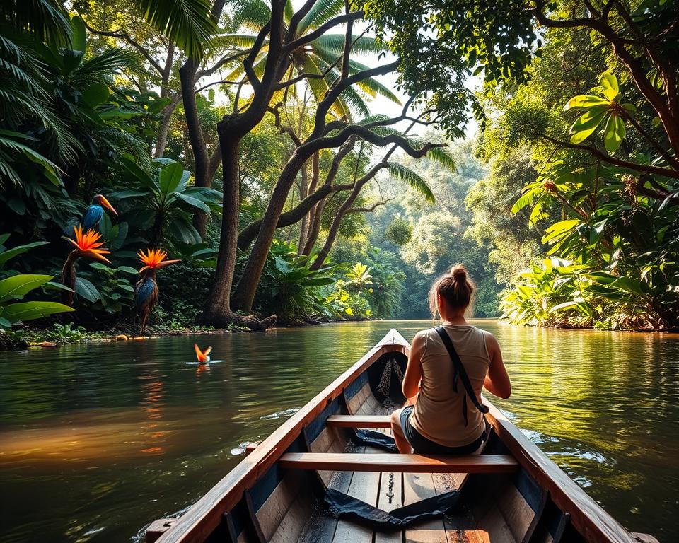 A picturesque scene of the journey to Tortuguero National Park in Costa Rica, showcasing a vibrant, winding river surrounded by lush tropical rainforest. In the foreground, a narrow wooden canoe with a couple of travelers dressed in lightweight, casual clothing, navigating the serene waters. The middle ground features rich greenery with towering trees and colorful tropical flowers, while small exotic birds flit among the branches. In the background, the dense jungle creates a sense of adventure, with sunlight filtering through the leaves, casting dappled shadows on the water’s surface. The mood is tranquil and adventurous, capturing the essence of exploring a remote paradise. Soft, natural lighting highlights the lush colors and textures, enhancing the overall allure of this exotic journey.