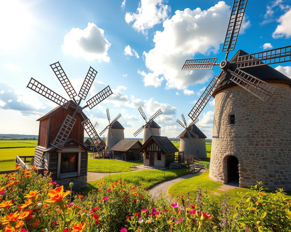A picturesque scene of traditional Mühlenarchitektur showcasing various historical windmills and watermills. In the foreground, a charming wooden windmill with intricate wooden blades is nestled among vibrant wildflowers. The middle ground features a collection of stone and timber mills, each exhibiting distinct architectural styles with ornate details and traditional thatched roofs. The background reveals a serene landscape of lush green fields under a bright blue sky with fluffy white clouds. The sun casts warm, golden lighting illuminating the textures of the buildings and inviting a sense of nostalgia. Capture the scene with a wide-angle lens to enhance the depth, highlighting the beauty of these architectural treasures in a tranquil atmosphere reminiscent of a historical setting.