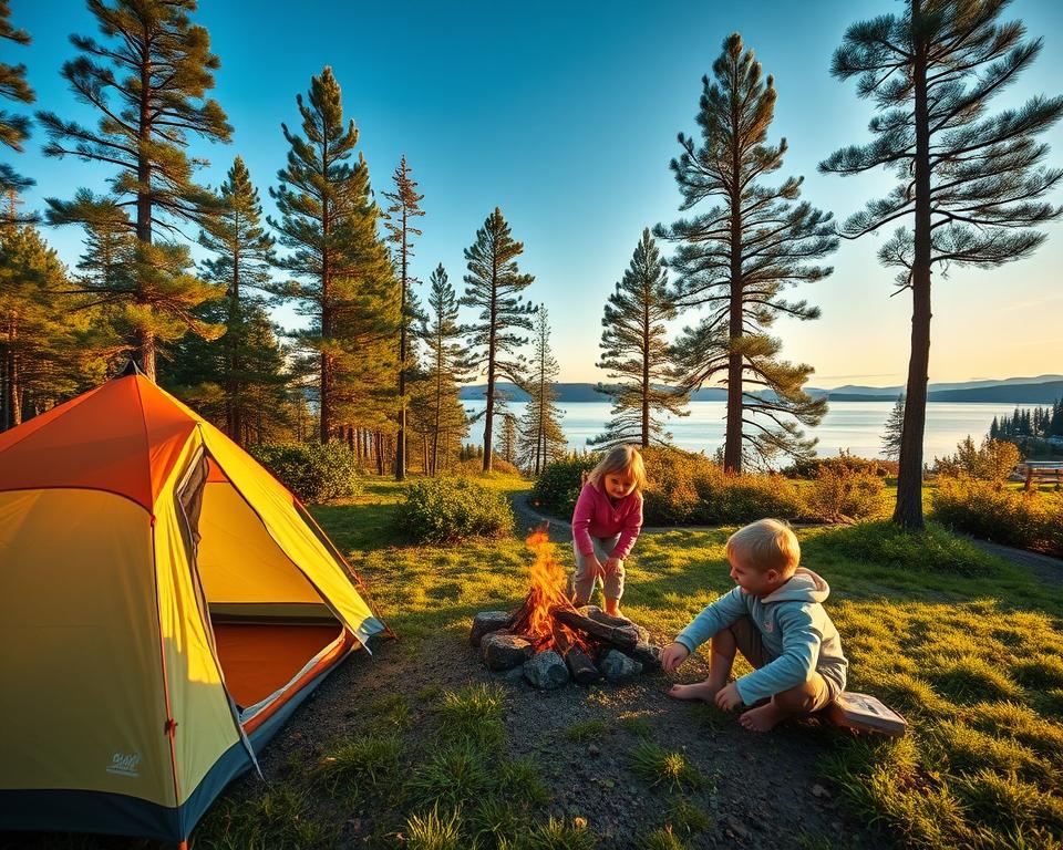 A picturesque scene of wild camping with children in Sweden, featuring a cozy camping setup in the foreground with a colorful tent, a small campfire, and children aged 6-10 playing with nature, wearing modest, casual clothing. In the middle, include a lush green forest with tall pine trees and flowering shrubs, creating a natural play area for the kids. In the background, a serene lake reflects the clear blue sky, surrounded by distant hills, and the warm evening light creates a golden glow over the landscape. Capture the joyful atmosphere of outdoor adventure, emphasizing family bonding and exploration in a peaceful environment. Use a wide-angle lens to enhance the depth and detail of the scene, ensuring the lighting is soft and inviting.