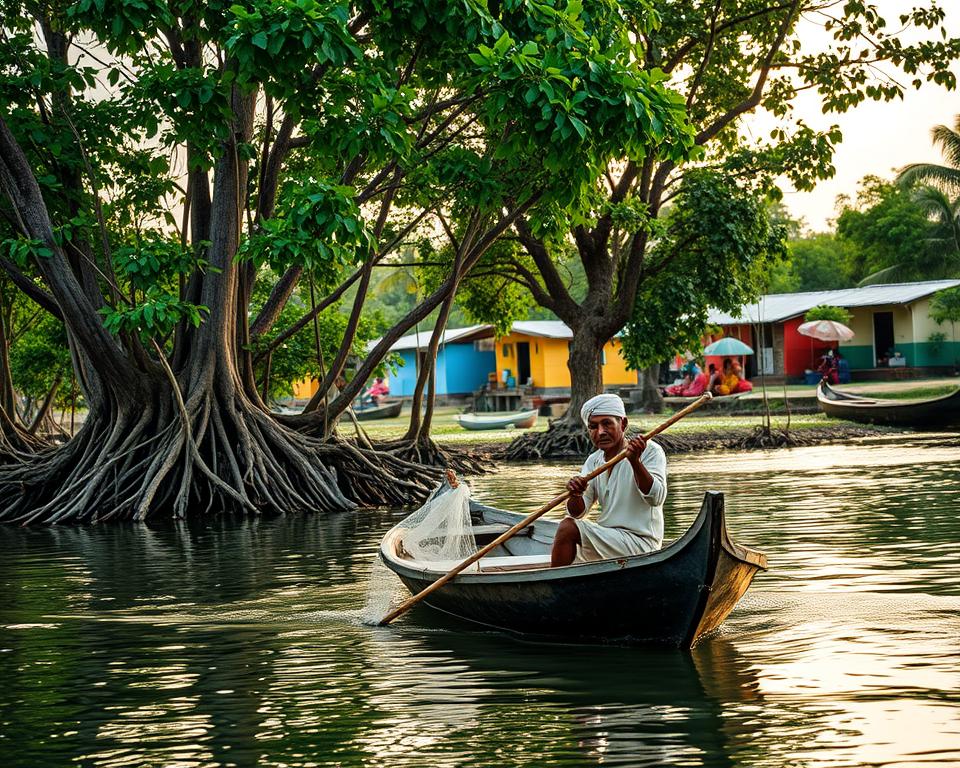 A picturesque scene representing the vibrant culture and everyday life on the fringes of the Sundarbans. In the foreground, a local fisherman, dressed in modest casual clothing, skillfully maneuvers a traditional wooden boat through the calm waterways, casting his net. The middle layer features lush mangrove trees, their roots partially exposed, creating a natural frame. In the background, a small village can be seen, with colorful houses and a group of women in simple attire engaging in daily chores, such as weaving and preparing food. The atmosphere is serene, with soft, warm lighting reminiscent of the golden hour, enhancing the rich green and earthy tones. Capture the intimate connection between the people and their environment from a slightly elevated angle to provide depth to the scene.