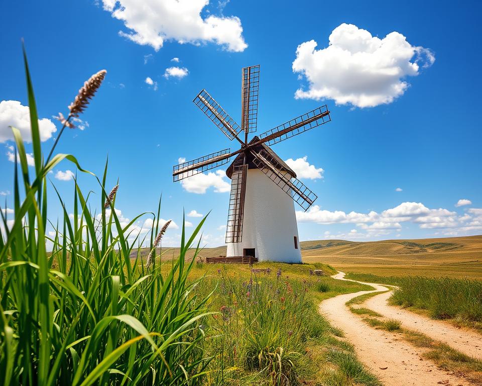A picturesque scene showcasing a traditional windmill set against a clear blue sky with fluffy white clouds. In the foreground, lush green grass sways gently in the wind, adding movement and life to the image. The middle ground features the windmill in detail, with its large wooden blades elegantly turning, casting shadows on the structure's whitewashed exterior. Surrounding the windmill are colorful wildflowers and a scenic dirt pathway leading to it, inviting exploration. In the background, rolling hills stretch into the distance, bathed in warm sunlight, creating a serene and nostalgic atmosphere. The lighting is bright and cheerful, capturing the essence of a sunny day. The angle emphasizes the windmill's majestic height and craftsmanship, ideal for drawing viewers into the rich history and function of windmills.