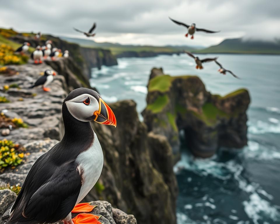 A picturesque scene showcasing a vibrant, rocky cliff along the coast of Iceland, with a group of colorful puffins (Papageientaucher) perched on the ledges. In the foreground, a close-up view of a puffin with its distinctive beak and vivid plumage, displaying its natural habitat. The middle ground features several puffins in flight against a backdrop of dramatic ocean waves and rugged cliffs. In the background, the dramatic Icelandic landscape, with lush greenery and a cloudy sky, evokes a sense of adventure. Soft, natural lighting illuminates the scene, creating a serene atmosphere. The angle captures the puffins in action, conveying the excitement of birdwatching on this beautiful island.