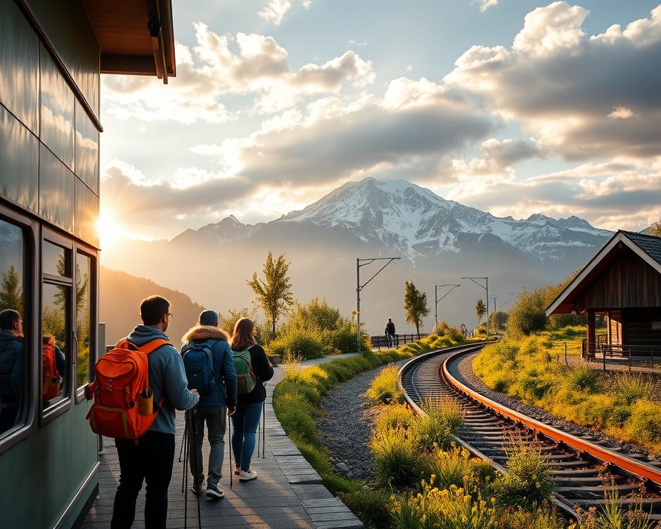 A picturesque scene showcasing the journey to the Tour du Mont Blanc from Germany. In the foreground, a scenic train station with travelers in modest casual clothing preparing for their adventure, vibrant backpacks and trekking poles in hand. The middle ground features a winding railway track leading toward majestic alpine mountains, with lush greenery and wildflowers lining the pathway. In the background, the iconic peaks of Mont Blanc are bathed in the warm glow of a late afternoon sun, casting long shadows and creating a serene atmosphere. The sky is partly cloudy, with beams of sunlight breaking through the clouds. The angle captures both the station and mountains, evoking a sense of anticipation for the upcoming adventure amidst nature's beauty.