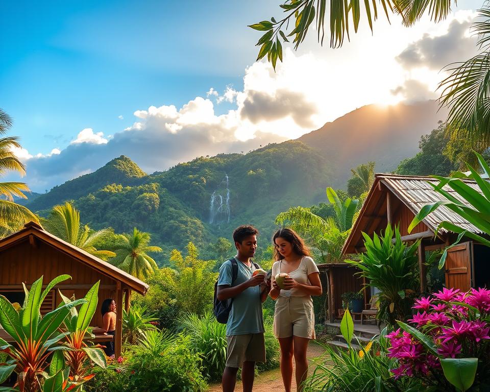 A picturesque scene showcasing the natural beauty and budget-friendly travel options in Papua New Guinea. In the foreground, there's a cozy eco-lodge made from local materials, surrounded by vibrant tropical plants and flowers. Friendly travelers in modest casual clothing share a moment, sipping coconut water and talking over local maps. The middle ground features stunning, lush greenery and cascading waterfalls, with hints of local wildlife peeking through the foliage. In the background, majestic mountains rise under a clear blue sky, with soft, warm sunlight filtering through the clouds, creating a serene and inviting atmosphere. The overall mood is one of adventure, exploration, and sustainability, appealing to budget-conscious travelers seeking an authentic experience in this beautiful destination.