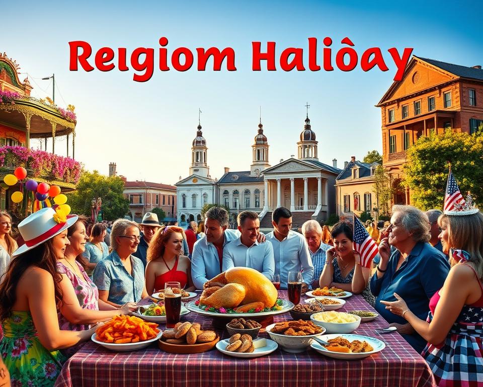A picturesque scene showcasing various regional American holidays, blending cultural elements such as a vibrant New Orleans Mardi Gras parade, an intimate family Thanksgiving dinner, and a lively Independence Day celebration in a small-town park. In the foreground, groups of joyfully dressed people in colorful attire enjoy festive activities, with decorations like balloons and streamers. In the middle ground, a table filled with traditional holiday foods, like a golden turkey and festive desserts, invites viewers into the warmth of celebration. The background features a clear blue sky and historical architecture representing different American regions. The lighting is warm and inviting, reminiscent of a late afternoon in summer. Overall, the mood is celebratory and inclusive, highlighting the rich tapestry of regional American traditions.