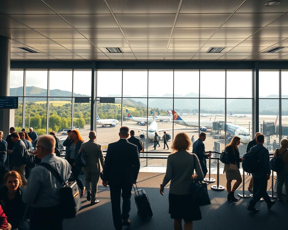 A picturesque scene showing the airports in Ireland relevant for traveling to Connemara. In the foreground, depict a modern, busy airport terminal with travelers checking in, wearing professional business attire and modest casual clothing. In the middle, capture a panoramic view of the terminal’s boarding gates, large windows revealing planes ready for take-off, and lush greenery outside, hinting at the beautiful Irish landscape beyond. The background should feature rolling hills and rugged coastlines of Connemara, bathed in soft, natural sunlight, giving a sense of warmth and adventure. Use a wide-angle lens perspective for depth, emphasizing the vibrant atmosphere of travel and exploration, with a slight hazy effect to convey the mystical charm of Ireland. The overall mood should evoke excitement and anticipation for the journey ahead.
