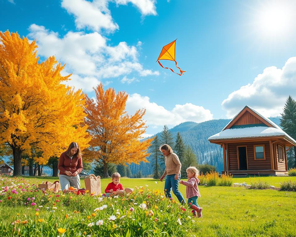 A picturesque seasonal landscape showcasing family experiences throughout the year. In the foreground, a diverse family of four is engaging in seasonal activities: the mother and father are preparing a picnic in spring, the children are playing with a kite in a meadow filled with colorful flowers. In the middle, vibrant autumn trees are adorned with golden leaves, and a cozy cabin with a wooden porch serves as the backdrop. Snowflakes gently fall from a crisp winter sky, hinting at snow activities, while the bright summer sun shines down, casting warm, inviting light. The overall atmosphere is joyful and lively, capturing the essence of experiences shared together in nature across all seasons. The image is framed with a slightly elevated angle to encapsulate the beauty of the surroundings and the family’s delight.