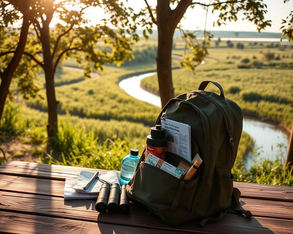 A picturesque setup of a well-organized packing list for a visit to the De Biesbosch National Park. In the foreground, a neatly arranged backpack containing essential outdoor items such as a water bottle, binoculars, map, and snacks on a rustic wooden table. In the middle ground, a beautiful view of lush greenery and winding waterways characteristic of the park, with soft sunlight filtering through the trees, casting dappled shadows. In the background, distant silhouettes of reed beds and the gentle flow of water reflecting the sky. The atmosphere is serene and inviting, evoking a sense of adventure in nature, captured with warm golden hour lighting to enhance the inviting mood.