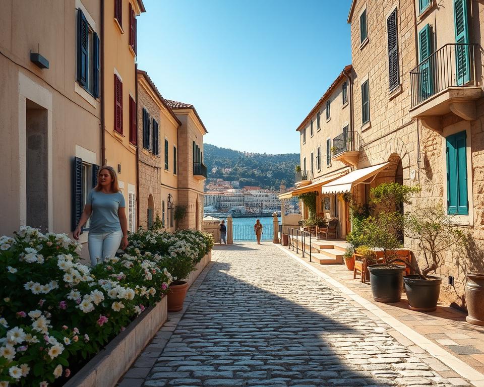 A picturesque street scene in Trogir, Croatia, capturing a tranquil moment. In the foreground, a cobblestone pathway lined with blooming flowers leads the viewer's eye through the scene. To the left, a local strolling casually in modest casual clothing, enjoying the peaceful atmosphere. The middle ground features historic stone buildings adorned with vibrant shutters and decorative balconies, their warm hues reflecting the sunshine. In the background, the iconic Trogir waterfront, with gentle waves lapping at the edge, under a clear blue sky. The lighting is soft and golden, suggesting late afternoon, casting long shadows that enhance the depth. The overall mood is serene and inviting, encouraging exploration of hidden gems in the city.