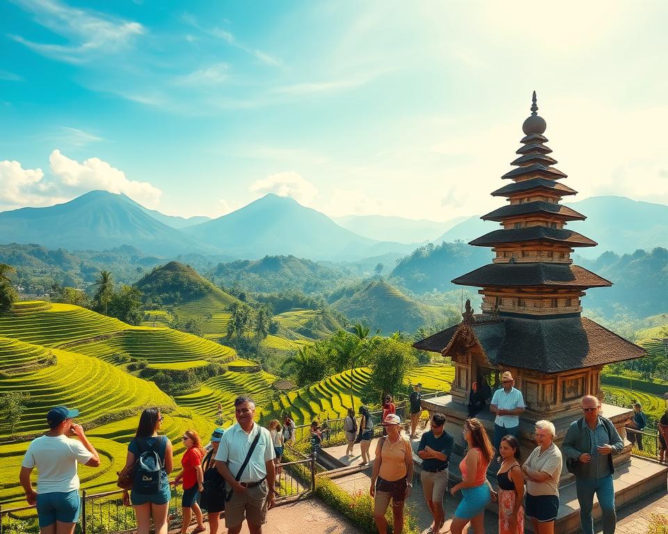 A picturesque travel scene capturing the essence of Indonesia, featuring an intricately designed Balinese temple in the foreground, surrounded by lush green rice terraces. In the middle ground, a diverse group of travelers dressed in lightweight, casual clothing are admiring the scenery, showcasing cultural enthusiasm. The background is filled with majestic volcanic mountains under a bright blue sky, creating a vibrant and inviting atmosphere. Soft, warm lighting enhances the scene, invoking a sense of adventure and discovery. The angle is slightly elevated, offering a panoramic view that draws the viewer into the serene beauty of Indonesia's landscapes. The overall mood is cheerful and inspiring, perfect for travelers seeking practical tips for their journey. A picturesque travel scene capturing the essence of Indonesia, featuring an intricately designed Balinese temple in the foreground, surrounded by lush green rice terraces. In the middle ground, a diverse group of travelers dressed in lightweight, casual clothing are admiring the scenery, showcasing cultural enthusiasm. The background is filled with majestic volcanic mountains under a bright blue sky, creating a vibrant and inviting atmosphere. Soft, warm lighting enhances the scene, invoking a sense of adventure and discovery. The angle is slightly elevated, offering a panoramic view that draws the viewer into the serene beauty of Indonesia's landscapes. The overall mood is cheerful and inspiring, perfect for travelers seeking practical tips for their journey.