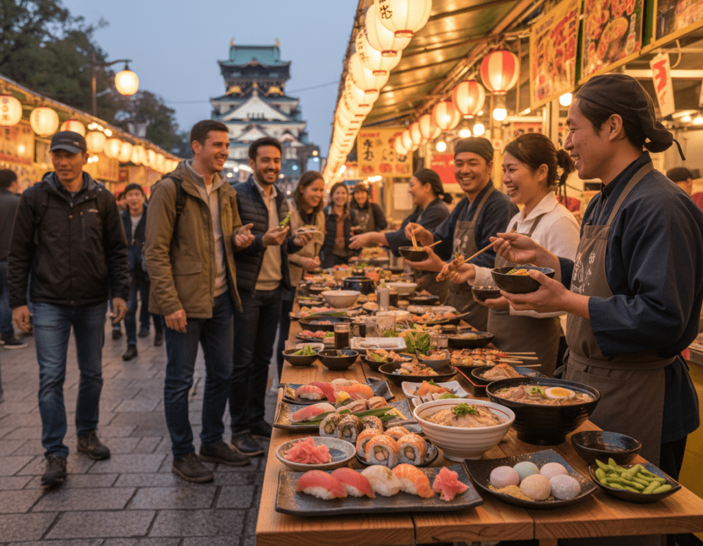 A picturesque travel scene depicting a vibrant Nagoya street market, filled with local delicacies and charming street vendors. In the foreground, a neatly arranged table displays various traditional Japanese dishes such as sushi, ramen, and mochi, with colorful garnishes. In the middle, cheerful tourists in modest casual clothing are enjoying the food and interacting with friendly vendors. The bustling atmosphere is enhanced by soft, warm lighting, evoking a sense of excitement and adventure. In the background, iconic Nagoya landmarks like the Nagoya Castle are subtly visible, partially blurred to emphasize the foreground activity. The overall mood is inviting and lively, suggesting a culinary adventure in Nagoya, perfect for travelers seeking insider tips on local cuisine and experiences.