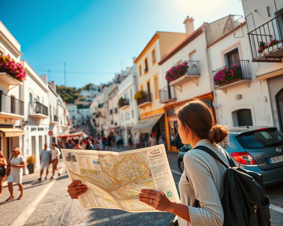 A picturesque view of Albufeira's historic town center, showcasing a vibrant street bustling with visitors. In the foreground, a couple dressed in modest tourist attire consult a detailed map, looking intrigued and engaged. The middle ground features charming, traditional Algarve architecture with whitewashed buildings adorned with colorful bougainvillea, while small shops and cafes invite passersby. The background reveals a clear blue sky, with the sun casting warm, golden light on the scene, creating a welcoming atmosphere. The angle is slightly elevated, providing a broad perspective of the street's layout and showcasing nearby parking areas discreetly integrated into the scene. The overall mood is lively and inviting, reflecting the essence of exploring Albufeira.