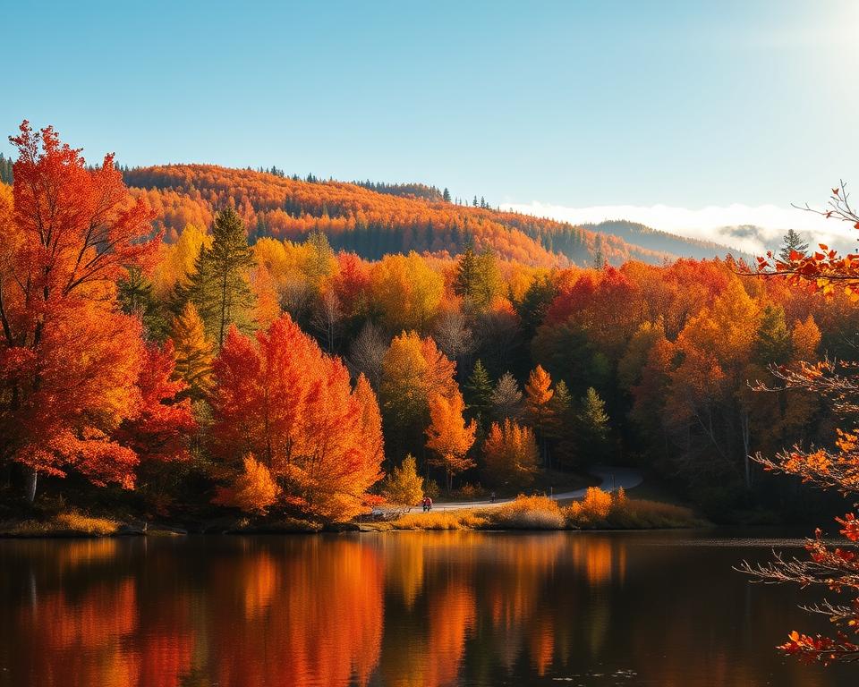 A picturesque view of Algonquin Provincial Park in autumn, showcasing the vibrant colors of fall foliage in shades of red, orange, and yellow. In the foreground, a tranquil lake reflects the fiery leaves of the surrounding maple and birch trees. The middle ground features a dense forest, with a winding trail inviting visitors to explore. In the background, soft, mist-covered hills rise beneath a bright blue sky, hinting at the beauty of the changing seasons. Warm, diffused sunlight filters through the trees, creating dappled patterns on the ground. The mood is serene and inviting, capturing the enchanting essence of nature in its seasonal splendor. Wide-angle view with rich details, emphasizing the harmony of autumn in Algonquin Provincial Park.