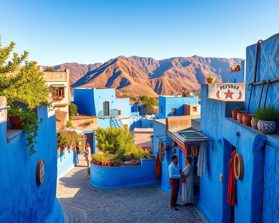 A picturesque view of Chefchaouen, the Blue City of Morocco, showcasing its iconic azure-painted buildings nestled among the rugged Rif Mountains. In the foreground, a narrow cobblestone street winds through vibrant blue walls adorned with intricate tile patterns and lush greenery. The middle ground features local artisans and vendors in modest casual clothing, capturing the bustling atmosphere as they share stories and showcase their crafts. In the background, sun-drenched mountains rise under a clear blue sky, enhancing the serene and welcoming vibe of this magical destination. The lighting is warm and inviting, with soft shadows cast by the buildings, creating a sense of depth and tranquility. The image is taken from a slightly elevated angle, allowing for a sweeping view of the enchanting landscape, evoking a spirit of exploration and adventure.
