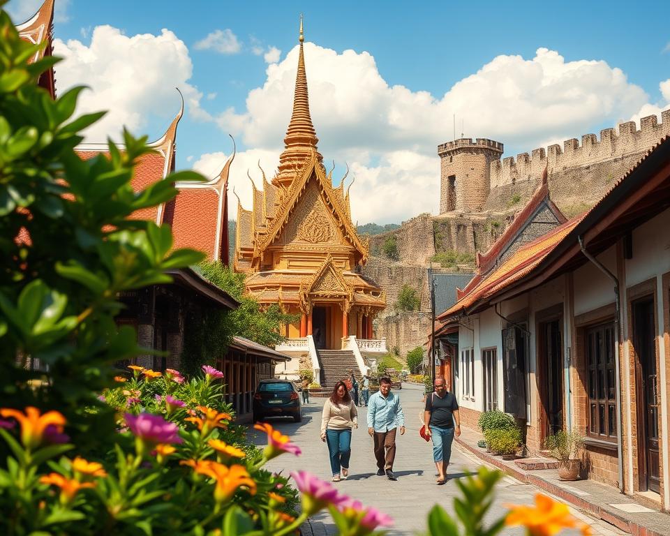 A picturesque view of Chiang Mai's Altstadt, highlighting ancient temples, narrow winding streets, and remnants of the historic city wall. In the foreground, lush greenery frames the scene, with vibrant flowers in bloom. The middle ground features a stunning, intricately designed temple with golden spires and detailed carvings, bathed in warm sunlight. Local inhabitants, dressed in modest casual clothing, stroll leisurely along the quaint pathways, showcasing the vibrant culture. In the background, the well-preserved city wall rises majestically against a blue sky, dotted with fluffy white clouds. The scene should convey a serene, inviting atmosphere, reminiscent of a tranquil afternoon. Soft, natural lighting and a slight tilt-angle perspective emphasize the beauty and character of this historical area. A picturesque view of Chiang Mai's Altstadt, highlighting ancient temples, narrow winding streets, and remnants of the historic city wall. In the foreground, lush greenery frames the scene, with vibrant flowers in bloom. The middle ground features a stunning, intricately designed temple with golden spires and detailed carvings, bathed in warm sunlight. Local inhabitants, dressed in modest casual clothing, stroll leisurely along the quaint pathways, showcasing the vibrant culture. In the background, the well-preserved city wall rises majestically against a blue sky, dotted with fluffy white clouds. The scene should convey a serene, inviting atmosphere, reminiscent of a tranquil afternoon. Soft, natural lighting and a slight tilt-angle perspective emphasize the beauty and character of this historical area.