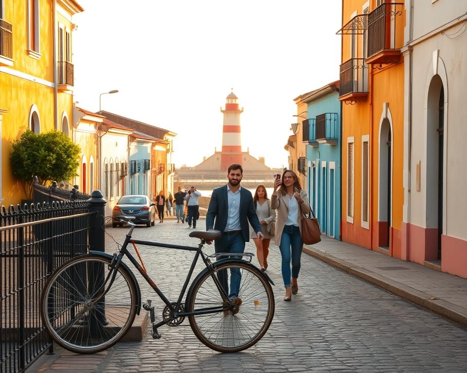 A picturesque view of Colonia del Sacramento, showcasing its charming cobblestone streets lined with colonial-style buildings painted in vibrant colors. In the foreground, include a vintage bicycle leaning against a wrought-iron fence, symbolizing leisurely exploration. The middle grounds should have tourists in professional casual attire, capturing photos while walking hand in hand, embodying a relaxing day trip atmosphere. In the background, feature the iconic lighthouse and the calm waters of the Río de la Plata bathed in golden hour light, creating a warm and inviting ambiance. Soft, diffused sunlight enhances the colors, casting gentle shadows. Capture this scene from a slightly elevated angle for a broader perspective, encapsulating the allure of Colonia as an ideal weekend getaway.