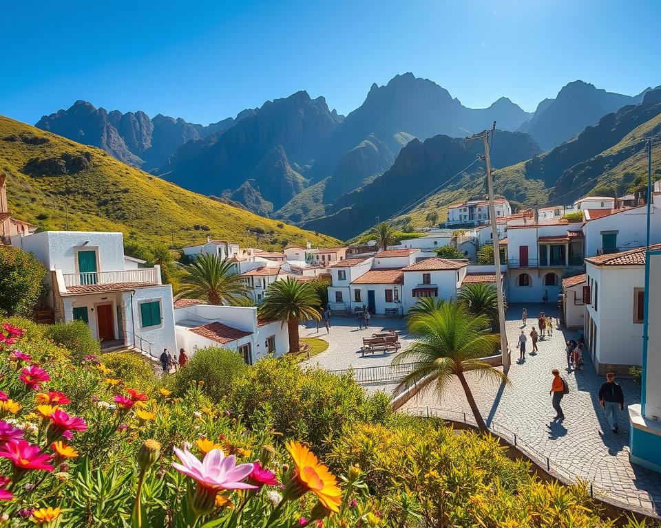 A picturesque view of Dörfer Anaga in the Anaga mountains of Tenerife, showcasing traditional Canarian architecture with whitewashed buildings and colorful shutters nestled amidst lush green hills. In the foreground, vibrant local flora adds a splash of color, including wildflowers and palm trees swaying gently in the breeze. The middle ground features winding cobblestone streets leading to charming village squares where locals interact, dressed in modest casual clothing. In the background, majestic peaks and rugged cliffs rise against a clear blue sky, with soft sunlight illuminating the scene and casting warm shadows. The overall mood is serene and inviting, inviting exploration and connection with nature and culture. The image should have a slight lens flare to enhance the warm atmosphere, photographed from a slightly elevated perspective to capture the depth of the landscape.