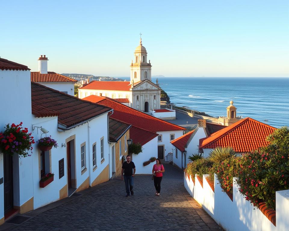 A picturesque view of Ferragudo, Portugal, featuring its iconic historical landmarks. In the foreground, a quaint cobblestone street winds through charming whitewashed houses adorned with colorful flowers. A few pedestrians in modest casual clothing stroll leisurely, adding life to the scene. In the middle ground, the towering Igreja de Ferragudo stands majestically, its white façade gleaming in the warm sunlight. Surrounding it, traditional Portuguese architecture complements the view, with tiled roofs and vibrant hues. The background showcases the stunning coastline, with gentle waves lapping against the rocky shore under a clear blue sky. The scene is bathed in soft, golden hour lighting, creating a warm and inviting atmosphere that captures the essence of this historical gem.