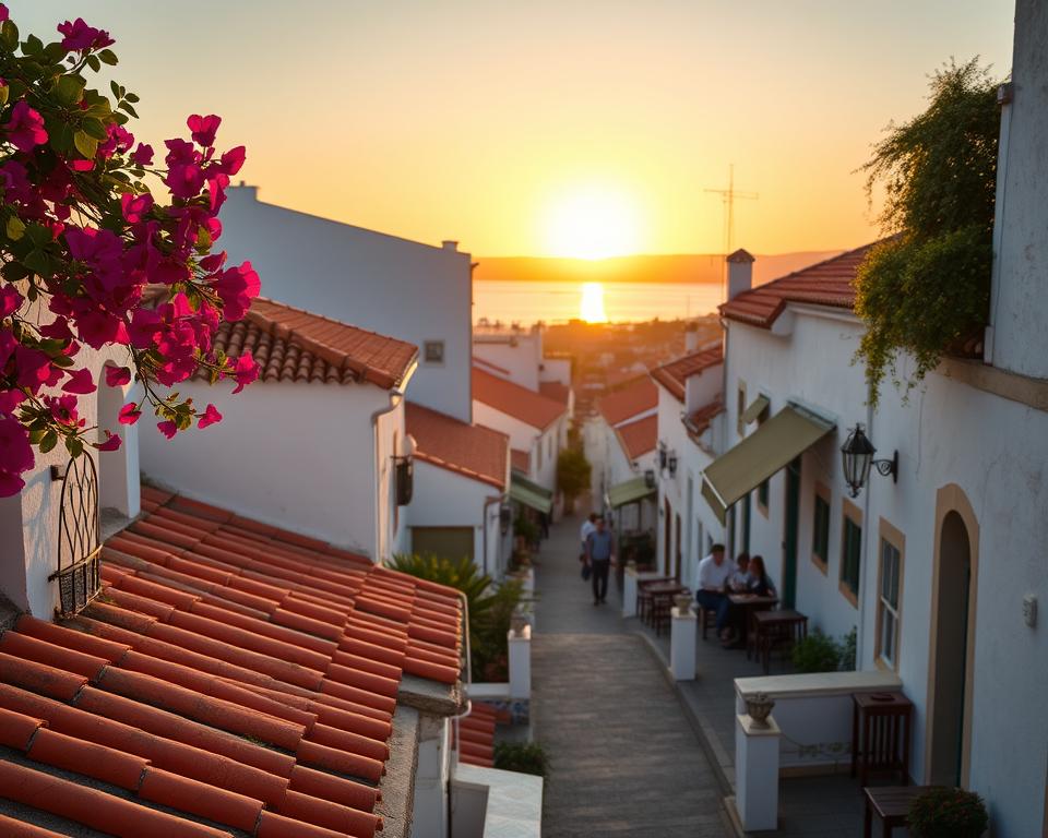 A picturesque view of Ferragudo, Portugal, showcasing its charming streets and iconic whitewashed houses with colorful accents. In the foreground, quaint terracotta rooftops blend seamlessly with vibrant bougainvillea flowers, while neatly arranged ceramic tiles depict traditional Portuguese patterns. The middle ground features friendly locals in modest attire enjoying sidewalk cafés, illustrating the culture and warmth of the town. The background captures a stunning sunset over the Arade River, casting a golden glow on the scene. The overall mood is inviting and serene, evoking the essence of travel. Soft, warm lighting creates a welcoming atmosphere, with a slightly blurred focus to enhance depth, reminiscent of a dreamy vacation moment.