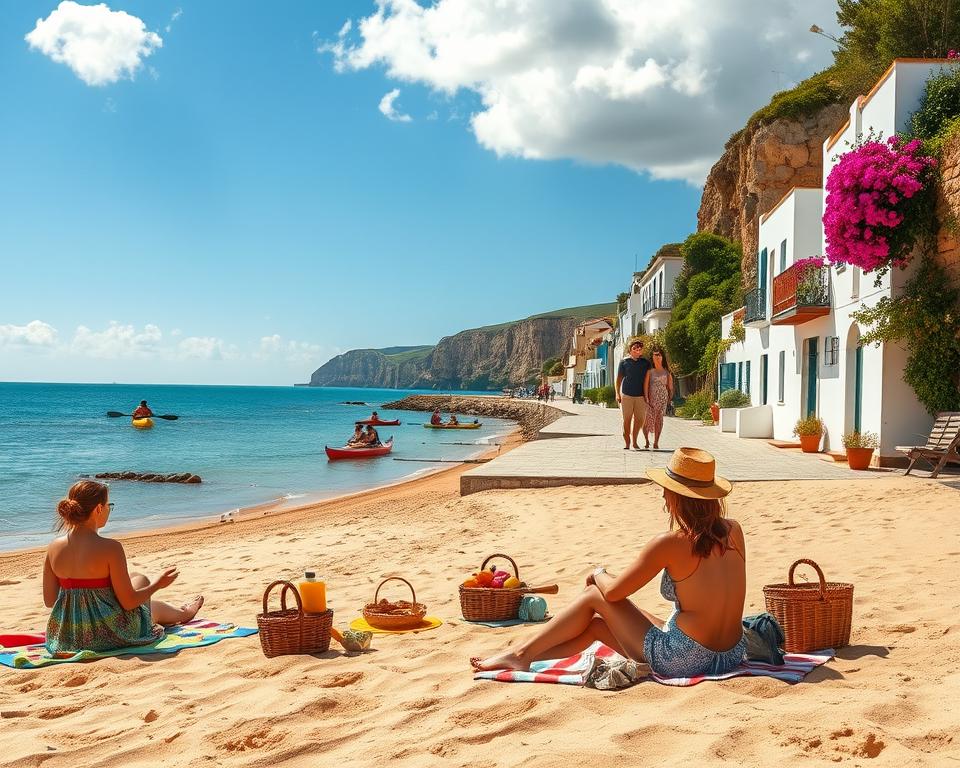 A picturesque view of Ferragudo, Portugal, showcasing vibrant outdoor activities and the natural beauty of the area. In the foreground, a family in modest casual clothing enjoys a picnic on the sandy beach, surrounded by colorful beach towels and a basket filled with local delicacies. In the middle ground, kayakers paddle on the calm blue waters, while a couple strolls along the scenic boardwalk lined with charming white-washed houses adorned with bougainvillea. The background features the stunning cliffs of the Algarve coastline and a clear blue sky with soft, fluffy clouds. The image should capture the warm, inviting atmosphere of a sunny day, highlighting a sense of relaxation and adventure. Use soft, natural lighting and a wide-angle lens to enhance the expansive view. A picturesque view of Ferragudo, Portugal, showcasing vibrant outdoor activities and the natural beauty of the area. In the foreground, a family in modest casual clothing enjoys a picnic on the sandy beach, surrounded by colorful beach towels and a basket filled with local delicacies. In the middle ground, kayakers paddle on the calm blue waters, while a couple strolls along the scenic boardwalk lined with charming white-washed houses adorned with bougainvillea. The background features the stunning cliffs of the Algarve coastline and a clear blue sky with soft, fluffy clouds. The image should capture the warm, inviting atmosphere of a sunny day, highlighting a sense of relaxation and adventure. Use soft, natural lighting and a wide-angle lens to enhance the expansive view.