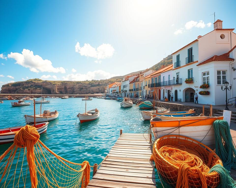 A picturesque view of Ferragudo harbor in Portugal, showcasing traditional fishing boats gently bobbing in the crystal-clear water. In the foreground, vibrant fishing nets and weathered wooden docks lead into the harbor, hinting at the local fishing culture. The middle ground features charming white and pastel-colored buildings with terracotta roofs lining the waterfront, adorned with colorful flowers in window boxes. The background showcases the stunning cliffs of the Algarve coast under a bright blue sky with soft, fluffy clouds. The scene is illuminated by warm, golden sunlight, casting soft shadows and creating a tranquil atmosphere. The image should capture the authenticity of Ferragudo, highlighting its rich maritime heritage and inviting charm, viewed at a slight angle to add depth and perspective. A picturesque view of Ferragudo harbor in Portugal, showcasing traditional fishing boats gently bobbing in the crystal-clear water. In the foreground, vibrant fishing nets and weathered wooden docks lead into the harbor, hinting at the local fishing culture. The middle ground features charming white and pastel-colored buildings with terracotta roofs lining the waterfront, adorned with colorful flowers in window boxes. The background showcases the stunning cliffs of the Algarve coast under a bright blue sky with soft, fluffy clouds. The scene is illuminated by warm, golden sunlight, casting soft shadows and creating a tranquil atmosphere. The image should capture the authenticity of Ferragudo, highlighting its rich maritime heritage and inviting charm, viewed at a slight angle to add depth and perspective.