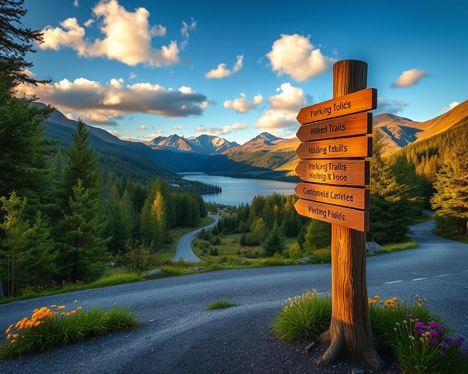 A picturesque view of Glen Affric in the Scottish Highlands, showcasing a serene parking area surrounded by lush, emerald green forests and majestic hills. In the foreground, a rustic wooden signpost points towards various hiking trails, adorned with hanging moss and flanked by vibrant wildflowers. The middle ground features winding paths leading towards the tranquil loch, reflecting the blue sky and scattered clouds. In the background, towering mountains provide a dramatic backdrop, their peaks dusted with late spring snow. The lighting is warm and golden, capturing the soft glow of sunrise, evoking a peaceful and inviting atmosphere. The composition is framed as if seen through a wide-angle lens, enhancing the depth of the stunning landscape. A picturesque view of Glen Affric in the Scottish Highlands, showcasing a serene parking area surrounded by lush, emerald green forests and majestic hills. In the foreground, a rustic wooden signpost points towards various hiking trails, adorned with hanging moss and flanked by vibrant wildflowers. The middle ground features winding paths leading towards the tranquil loch, reflecting the blue sky and scattered clouds. In the background, towering mountains provide a dramatic backdrop, their peaks dusted with late spring snow. The lighting is warm and golden, capturing the soft glow of sunrise, evoking a peaceful and inviting atmosphere. The composition is framed as if seen through a wide-angle lens, enhancing the depth of the stunning landscape.