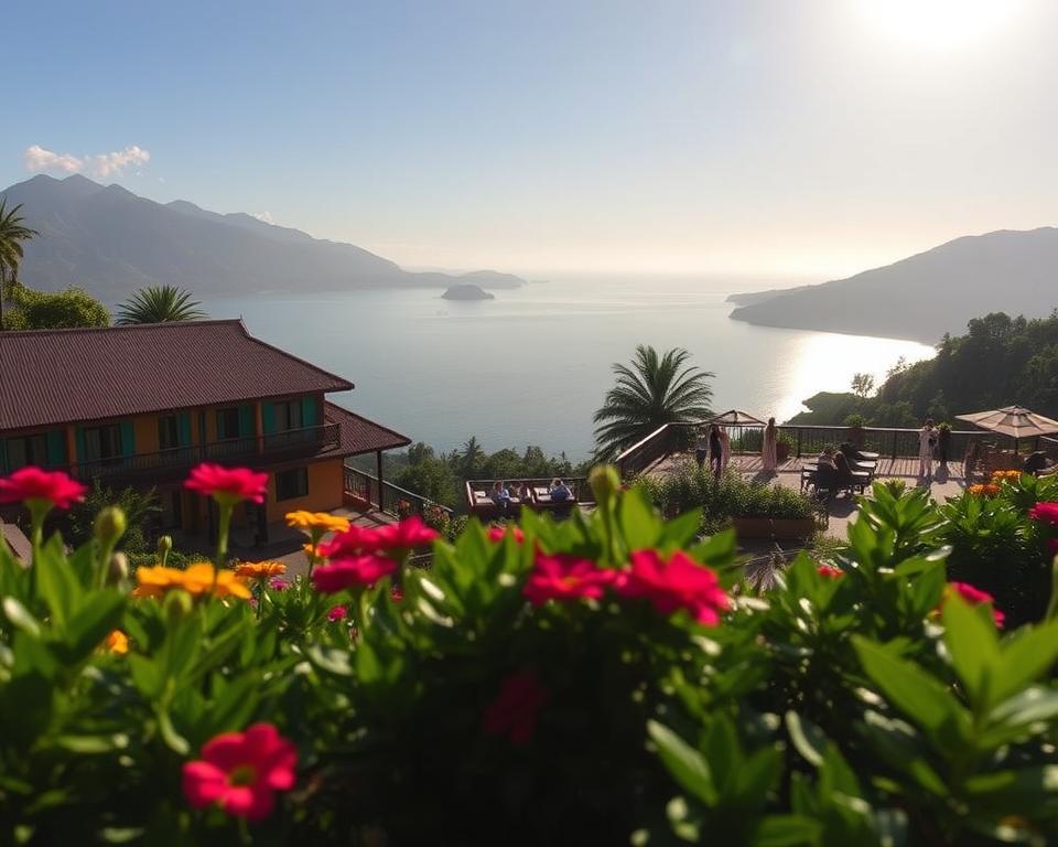 A picturesque view of Hotels Lago Atitlán nestled along the serene shores of Lake Atitlán in Guatemala. In the foreground, vibrant flowers and lush greenery frame a charming hotel with traditional Guatemalan architecture, featuring colorful facades and spacious terraces. In the middle ground, guests relax on the terrace, enjoying stunning views of the lake and surrounding volcanic mountains, dressed in modest, casual clothing. The background reveals the shimmering lake reflecting the early morning sun with soft, warm lighting, creating an inviting atmosphere. Capture the scene from a slightly elevated angle, allowing a panoramic view that enhances the beauty and tranquility of this idyllic destination, evoking a sense of escape and relaxation.