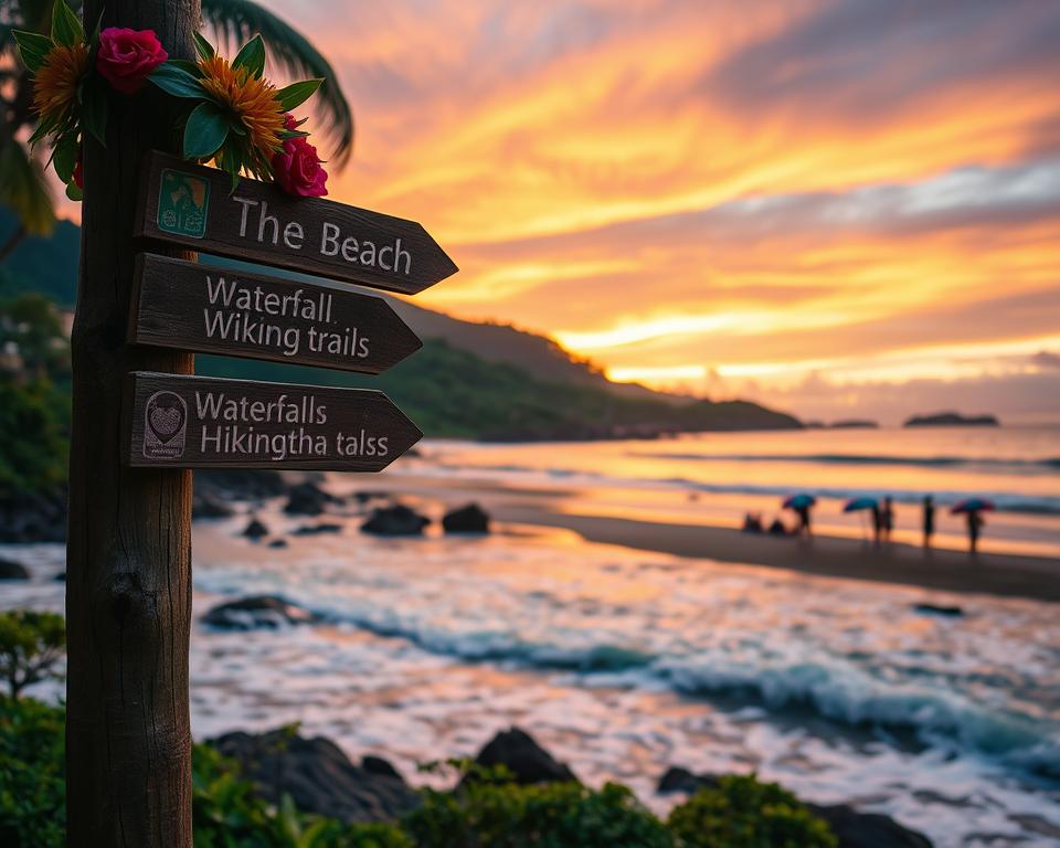 A picturesque view of Montezuma, Costa Rica, capturing the essence of travel tips. In the foreground, a wooden signpost with directional arrows pointing to various attractions like the beach, waterfalls, and hiking trails, adorned with tropical flowers. The middle ground features a serene beach with gentle waves lap against the shore, dotted with colorful beach umbrellas and a few people in modest clothing enjoying the sun. In the background, lush green hills and a vibrant sunset sky blend hues of orange, pink, and purple, creating an inviting atmosphere. Soft lighting casts a warm glow over the scene, evoking a sense of adventure and relaxation. The composition is captured from a low angle to emphasize the vibrant colors and natural beauty of the surroundings, inspiring a sense of wanderlust and tranquility.