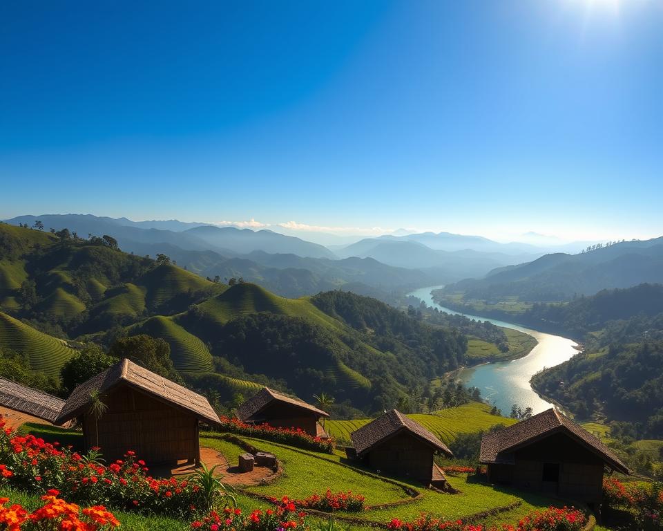 A picturesque view of Nagaland's landscape, showcasing lush green hills and terraced rice fields under a bright, clear blue sky. In the foreground, traditional Naga houses with bamboo structures and thatched roofs nestle among vibrant flowers. The middle ground features a winding river reflecting the sunlight, surrounded by dense forests that hint at the region's rich biodiversity. In the background, misty mountains rise majestically, adding depth to the scene. The lighting is warm and inviting, casting gentle shadows that enhance the textures of the landscape. The mood is tranquil yet vibrant, perfectly capturing the essence of this northeastern region of India, ideal for illustrating its geographic charm and natural beauty.