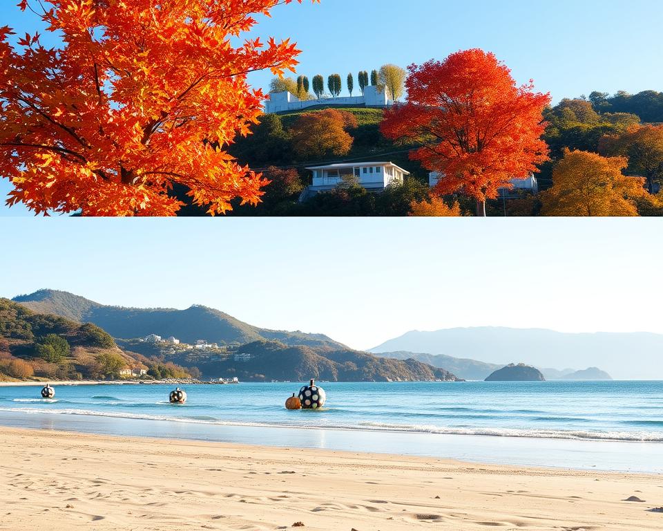 A picturesque view of Naoshima Island in Japan during the best travel season, showcasing the vibrant autumn foliage with golden and red leaves against a clear blue sky. In the foreground, a tranquil beach with gentle waves, softly reflecting the warm sunlight, while a few art installations, such as Yayoi Kusama's iconic polka dot pumpkins, are nestled among the sand. The middle ground features lush green hills with modern art museums like the Chichu Art Museum, surrounded by trees that enhance the autumn atmosphere. In the background, distant mountains outline the horizon under a bright, soft-lit sky. The image should evoke a serene and inviting mood, perfect for photography, with a focus on natural lighting that accentuates the colors of the season.