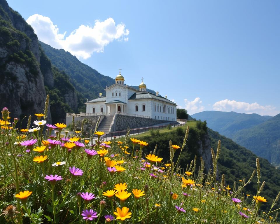 A picturesque view of Ostrog Monastery nestled on a rocky cliff amidst lush green mountains in Montenegro. In the foreground, vibrant wildflowers in various colors, like yellow, purple, and pink, bloom under the soft morning light. The middle ground features the striking white stone façade of the monastery, with its remarkable architecture and small golden domes reflecting sunlight. The background displays a clear blue sky with a few fluffy clouds, emphasizing the serene atmosphere of this spiritual site. The overall mood is calm and inviting, capturing the essence of the best travel season. Soft, natural lighting enhances the image, and a slightly elevated angle provides a breathtaking perspective on the landscape. No human figures are present, ensuring the focus is on the beauty of the scenery. A picturesque view of Ostrog Monastery nestled on a rocky cliff amidst lush green mountains in Montenegro. In the foreground, vibrant wildflowers in various colors, like yellow, purple, and pink, bloom under the soft morning light. The middle ground features the striking white stone façade of the monastery, with its remarkable architecture and small golden domes reflecting sunlight. The background displays a clear blue sky with a few fluffy clouds, emphasizing the serene atmosphere of this spiritual site. The overall mood is calm and inviting, capturing the essence of the best travel season. Soft, natural lighting enhances the image, and a slightly elevated angle provides a breathtaking perspective on the landscape. No human figures are present, ensuring the focus is on the beauty of the scenery.
