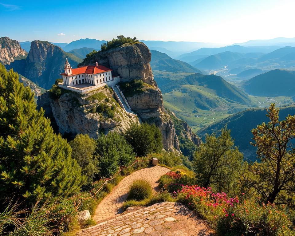 A picturesque view of Ostrog, Montenegro, showcasing the iconic Ostrog Monastery perched dramatically on a cliffside. In the foreground, a winding path leads to the monastery, bordered by lush green trees and colorful wildflowers. The middle ground features the impressive stone structure of the monastery, with its white walls contrasting against the rugged cliffs and the clear blue sky. In the background, rolling hills and distant mountains create a serene landscape, bathed in warm, golden sunlight. The atmosphere is tranquil yet awe-inspiring, capturing the essence of a day trip to this spiritual and natural wonder. The scene is captured from an elevated angle, using a wide lens to encompass the grandeur of both the monastery and its stunning surroundings, evoking a sense of peace and adventure.