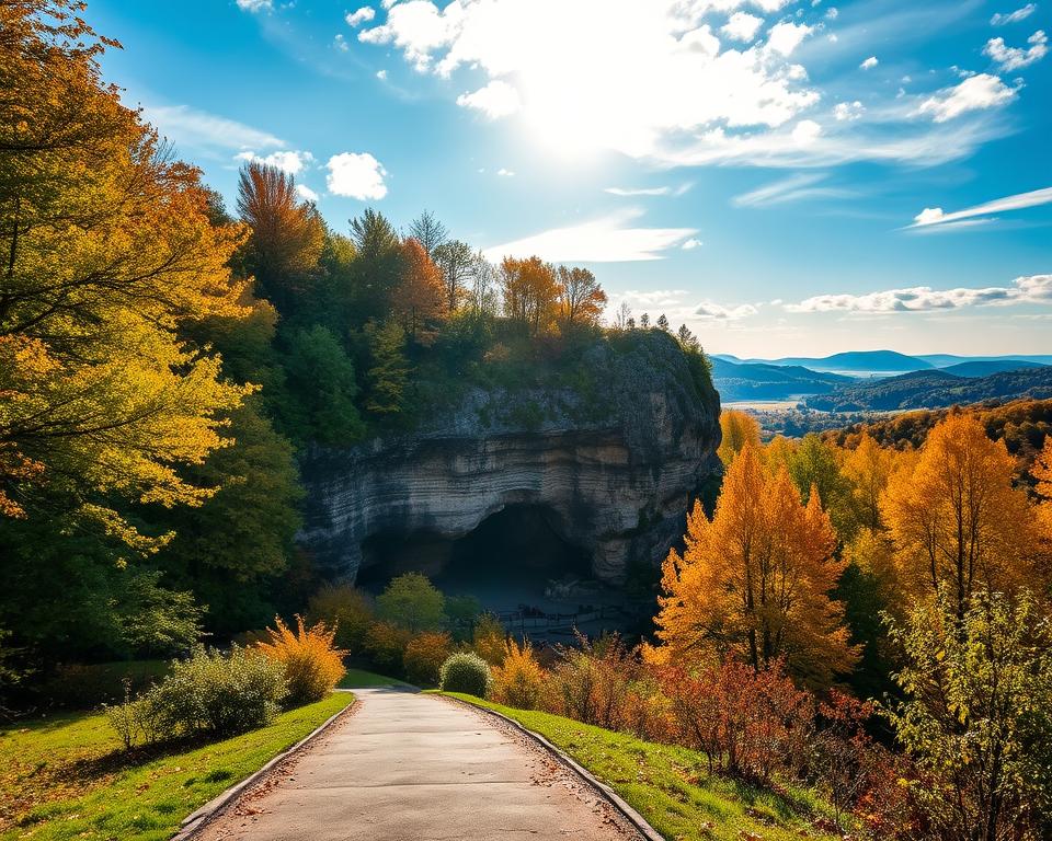 A picturesque view of Schlossberghöhlen Homburg during the ideal travel season, capturing the cave's majestic entrance surrounded by lush greenery and colorful autumn leaves. In the foreground, a well-maintained path invites visitors, hinting at adventure. The middle ground features the unique rock formations of the caves, softly illuminated by warm, golden sunlight filtering through openings above, creating a welcoming atmosphere. In the background, distant hills fade under a clear blue sky with light clouds, hinting at pleasant weather. The scene evokes a sense of exploration and tranquility, ideal for prospective visitors looking to discover the hidden secrets of the caves. The angle is slightly elevated, offering a comprehensive view of the landscape.