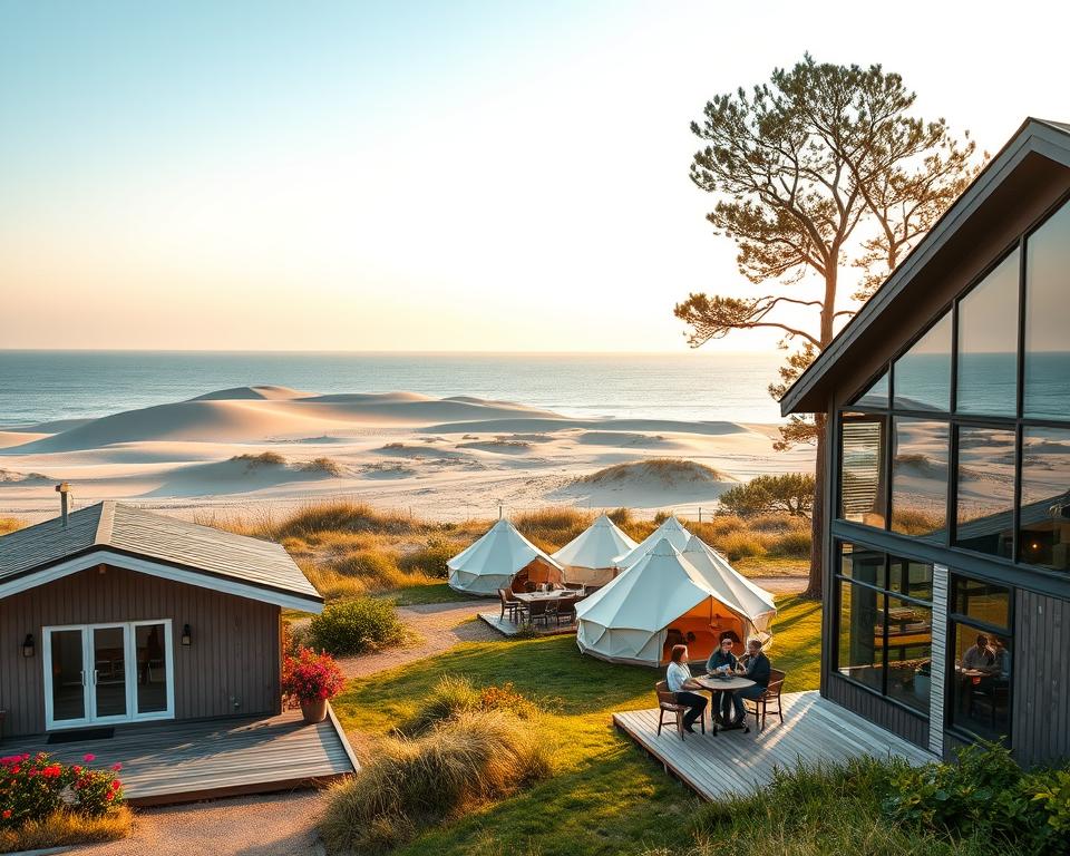 A picturesque view of Schönberg showcasing various accommodation options by the Baltic Sea. In the foreground, a charming beach house with wooden decks and bright flowers on the patio. To the right, a cozy hotel with large windows reflecting the tranquil sea. In the middle ground, a group of elegant tents set up for glamping beneath swaying trees, with couples enjoying drinks outside. The background features soft, rolling sand dunes and the calm blue waters of the Ostsee under a pastel sunset sky, casting warm golden hues. The atmosphere is serene and inviting, perfect for a relaxing vacation. Capture the scene with natural lighting, focusing on a wide-angle view to encompass the beauty of the landscape.