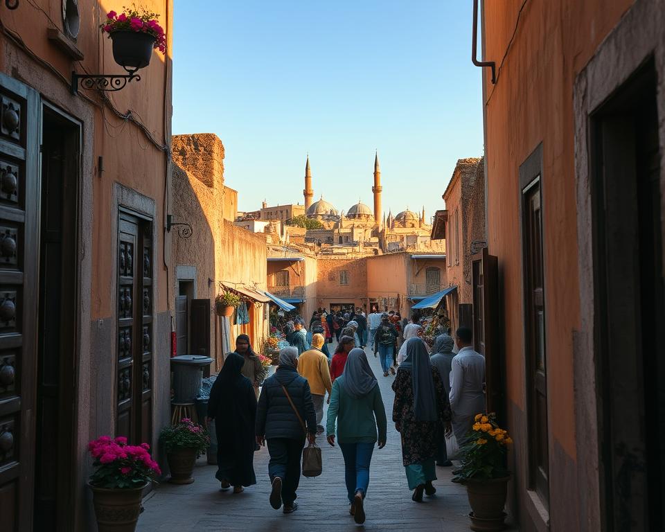 A picturesque view of Stone Town, Tanzania, capturing its historical essence. In the foreground, narrow, winding alleys lined with intricately carved wooden doors and vibrant flowers in pots. Middle ground features bustling locals and tourists exploring the market stalls, with a mix of modestly dressed individuals in traditional attire and casual clothing. The background showcases the iconic silhouette of old Swahili architecture, with crumbling stone buildings and the minarets of historic mosques against a clear blue sky. Golden hour lighting casts a warm, inviting glow, creating a lively, atmospheric feel. The scene is viewed from a slightly elevated angle, providing a sense of orientation and space within this enchanting labyrinth of streets.