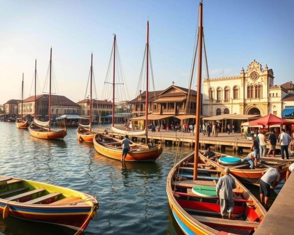 A picturesque view of Sunda Kelapa, Jakarta's historic harbor, showcasing traditional wooden schooners docked at the water's edge. In the foreground, vibrant fishing boats contrast against the calm, reflective waters. The middle ground highlights the impressive silhouettes of the towering masts of the sailboats, with fishermen in modest clothing working on the docks. The background features a bustling market area with people casually interacting, surrounded by old colonial architecture, hinting at the harbor's rich history. The scene is bathed in warm afternoon sunlight, with soft shadows enhancing the textures of the boats and buildings. Use a wide-angle perspective to capture the vibrant atmosphere and details of this iconic maritime setting.