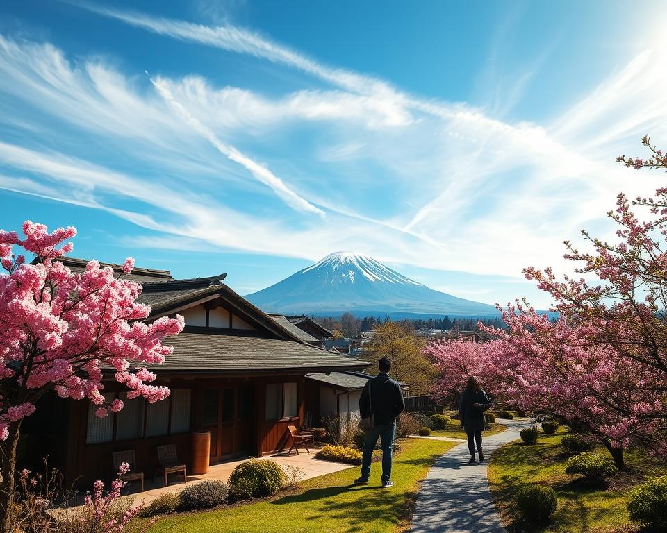 A picturesque view of "Unterkunft Sakurajima," a charming traditional Japanese inn situated on the volcanic island of Sakurajima, Kyushu. In the foreground, a cozy wooden structure with sliding shoji doors and a thatched roof, surrounded by a well-tended garden of vibrant cherry blossoms, creates an inviting atmosphere. The mid-ground features visitors in modest casual attire leisurely enjoying the peaceful surroundings, while a serene path meanders through the lush greenery. In the background, the majestic Sakurajima volcano looms under a bright blue sky, with wisps of clouds drifting overhead. Soft, warm sunlight bathes the scene, casting gentle shadows and enhancing the tranquil mood. Capture this idyllic setting with a wide-angle lens, showcasing the harmonious blend of natural beauty and traditional architecture.